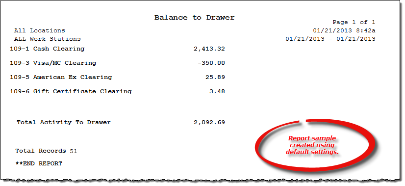 Balance to Drawer report